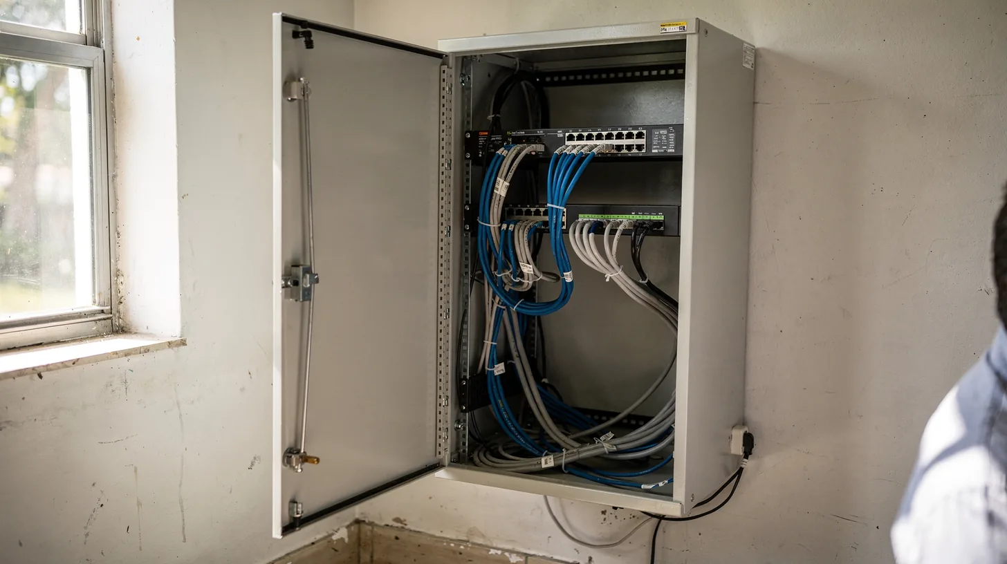 An open wall-mounted network cabinet in a small office, with bundled blue and grey patch cables running to a switch
