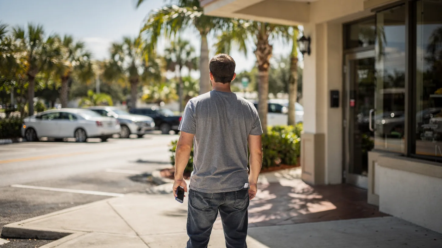 A person on a sunlit Naples sidewalk seen from behind, phone held down at their side, outside a shopfront
