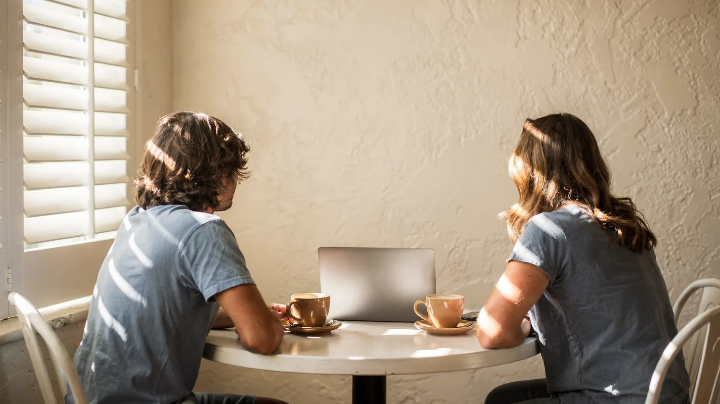 Two people seated across a small table in a bright Naples coffee shop, seen from behind, with coffee cups and a closed laptop between them