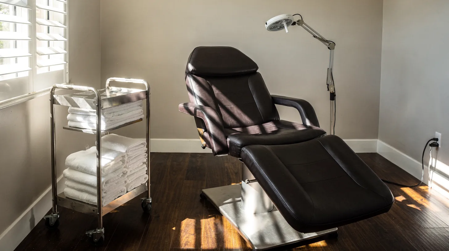 An empty med spa treatment room with a reclined chair, a stainless trolley of folded towels and hard shutter light across the floor