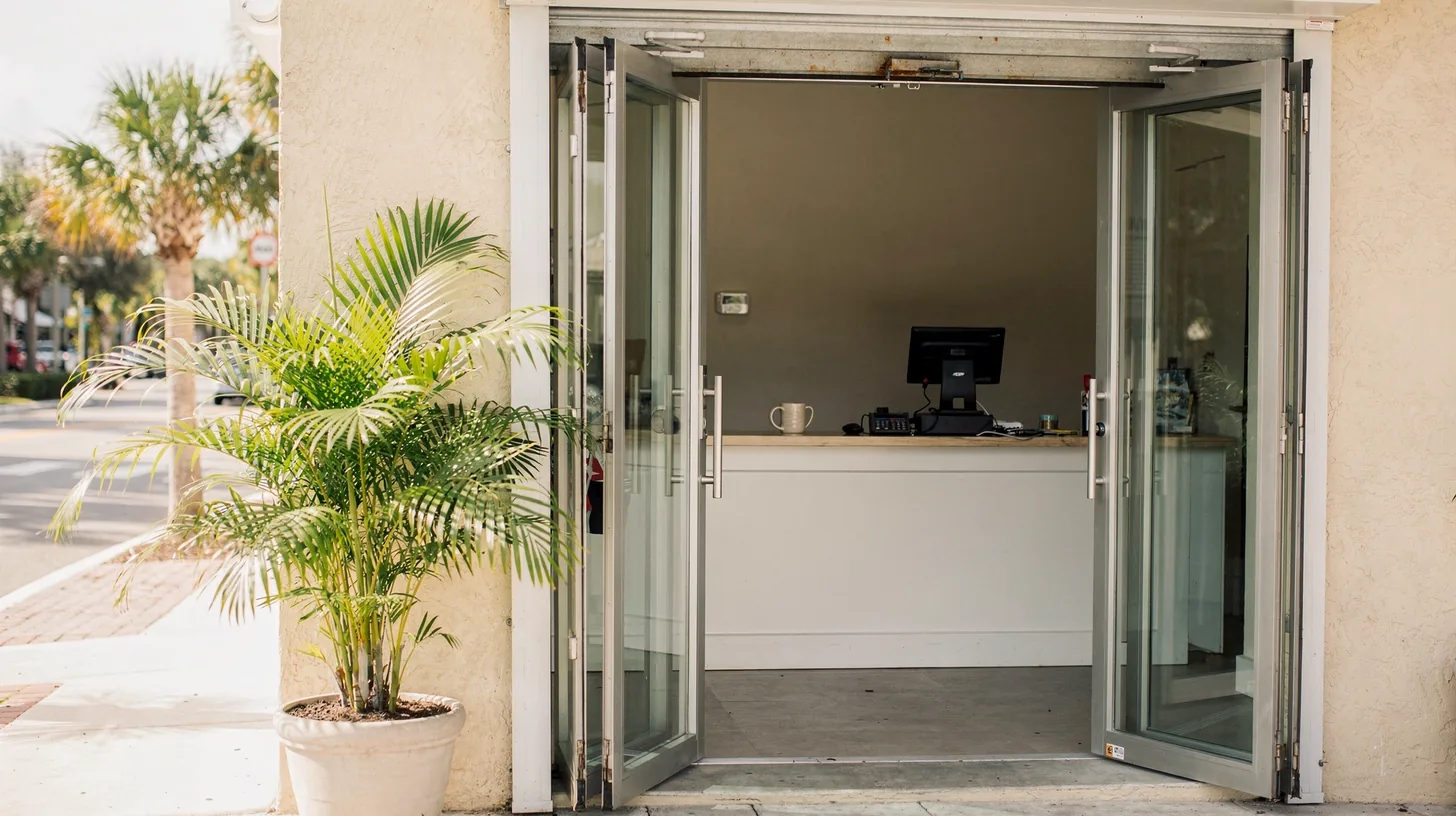 A small Naples storefront with its folding glass doors open onto the sidewalk, an empty service counter inside and a potted palm by the entrance