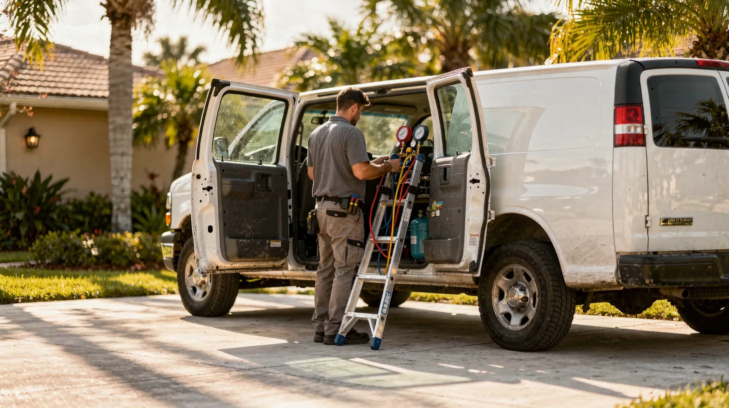 A technician seen from behind loading a refrigerant gauge set and an aluminium ladder into a service van on a Naples driveway