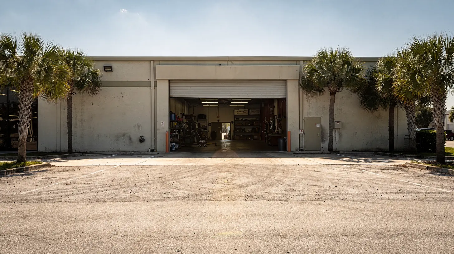 An empty customer parking area outside a single-storey Southwest Florida commercial unit with its bay door raised and the interior lit